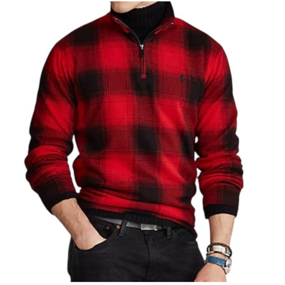 Polo Ralph Lauren Mens 1/4 Zip Checked Buffalo Plaid Estate-Rib Classic Pullover